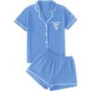 imageLYANER Womens Pajamas Set Heart Print Button Short Sleeve Shirt with Shorts Sleepwear PJs SetAzure