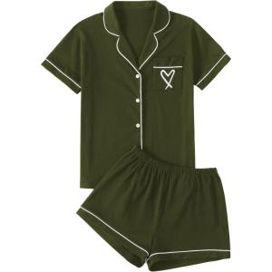 imageLYANER Womens Pajamas Set Heart Print Button Short Sleeve Shirt with Shorts Sleepwear PJs SetArmy Green