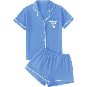 imageLYANER Womens Pajamas Set Heart Print Button Short Sleeve Shirt with Shorts Sleepwear PJs SetAzure