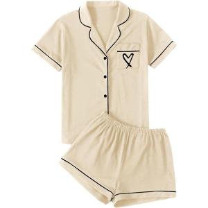 imageLYANER Womens Pajamas Set Heart Print Button Short Sleeve Shirt with Shorts Sleepwear PJs SetBeign