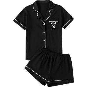 imageLYANER Womens Pajamas Set Heart Print Button Short Sleeve Shirt with Shorts Sleepwear PJs SetBlack