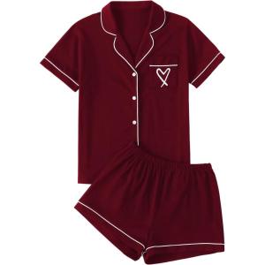 imageLYANER Womens Pajamas Set Heart Print Button Short Sleeve Shirt with Shorts Sleepwear PJs SetBurgundy