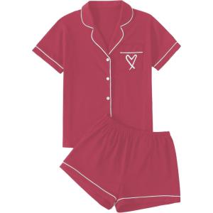 imageLYANER Womens Pajamas Set Heart Print Button Short Sleeve Shirt with Shorts Sleepwear PJs SetCoral