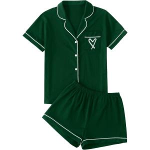 imageLYANER Womens Pajamas Set Heart Print Button Short Sleeve Shirt with Shorts Sleepwear PJs SetDark Green