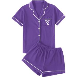imageLYANER Womens Pajamas Set Heart Print Button Short Sleeve Shirt with Shorts Sleepwear PJs SetDark Purple