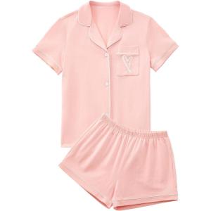 imageLYANER Womens Pajamas Set Heart Print Button Short Sleeve Shirt with Shorts Sleepwear PJs SetLight Coral Pink