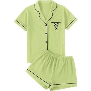 imageLYANER Womens Pajamas Set Heart Print Button Short Sleeve Shirt with Shorts Sleepwear PJs SetLight Green