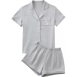 imageLYANER Womens Pajamas Set Heart Print Button Short Sleeve Shirt with Shorts Sleepwear PJs SetLight Grey