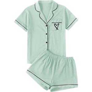 imageLYANER Womens Pajamas Set Heart Print Button Short Sleeve Shirt with Shorts Sleepwear PJs SetMint Green