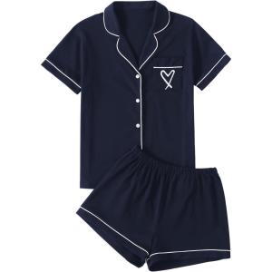 imageLYANER Womens Pajamas Set Heart Print Button Short Sleeve Shirt with Shorts Sleepwear PJs SetNavy Blue