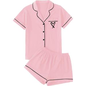 imageLYANER Womens Pajamas Set Heart Print Button Short Sleeve Shirt with Shorts Sleepwear PJs SetPink