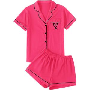 imageLYANER Womens Pajamas Set Heart Print Button Short Sleeve Shirt with Shorts Sleepwear PJs SetRose Pink