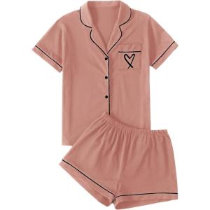 imageLYANER Womens Pajamas Set Heart Print Button Short Sleeve Shirt with Shorts Sleepwear PJs SetRuddy Pink