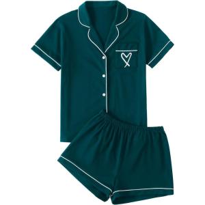 imageLYANER Womens Pajamas Set Heart Print Button Short Sleeve Shirt with Shorts Sleepwear PJs SetTeal