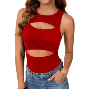 imageLYANER Womens Sleeveless Bodysuits Sexy Cut Out Front Body Suits Stretchy Tank Leotards TopsRed