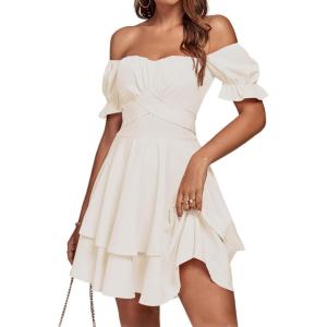 imageLYANER Womens Tie Back Off Shoulder Wrap Layer Ruffle Short Sleeve Mini DressBeige