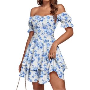 imageLYANER Womens Tie Back Off Shoulder Wrap Layer Ruffle Short Sleeve Mini DressBlue White Print