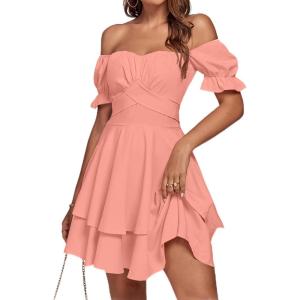 imageLYANER Womens Tie Back Off Shoulder Wrap Layer Ruffle Short Sleeve Mini DressCoral Pink