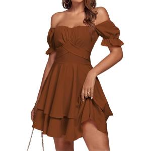 imageLYANER Womens Tie Back Off Shoulder Wrap Layer Ruffle Short Sleeve Mini DressDark Brown