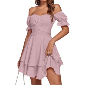 imageLYANER Womens Tie Back Off Shoulder Wrap Layer Ruffle Short Sleeve Mini DressDark Pink