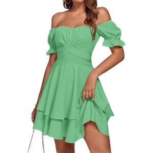 imageLYANER Womens Tie Back Off Shoulder Wrap Layer Ruffle Short Sleeve Mini DressGrass Green