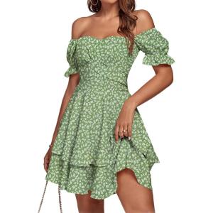 imageLYANER Womens Tie Back Off Shoulder Wrap Layer Ruffle Short Sleeve Mini DressGrass Green Print