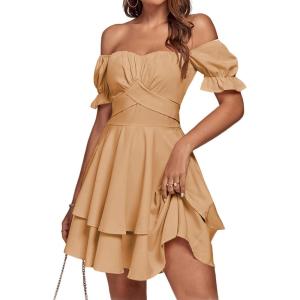 imageLYANER Womens Tie Back Off Shoulder Wrap Layer Ruffle Short Sleeve Mini DressKhaki