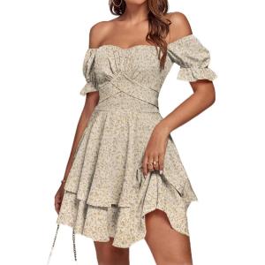 imageLYANER Womens Tie Back Off Shoulder Wrap Layer Ruffle Short Sleeve Mini DressKhaki Print
