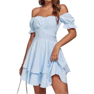 imageLYANER Womens Tie Back Off Shoulder Wrap Layer Ruffle Short Sleeve Mini DressLight Blue