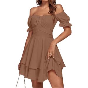 imageLYANER Womens Tie Back Off Shoulder Wrap Layer Ruffle Short Sleeve Mini DressLight Brown