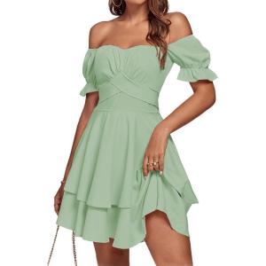 imageLYANER Womens Tie Back Off Shoulder Wrap Layer Ruffle Short Sleeve Mini DressLight Green