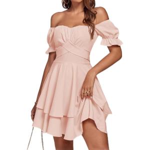 imageLYANER Womens Tie Back Off Shoulder Wrap Layer Ruffle Short Sleeve Mini DressLight Pink