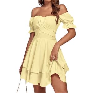 imageLYANER Womens Tie Back Off Shoulder Wrap Layer Ruffle Short Sleeve Mini DressLight Yellow