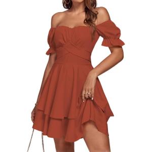 imageLYANER Womens Tie Back Off Shoulder Wrap Layer Ruffle Short Sleeve Mini DressPlain Caramel