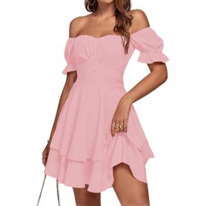 imageLYANER Womens Tie Back Off Shoulder Wrap Layer Ruffle Short Sleeve Mini DressPlain Dusty Pink
