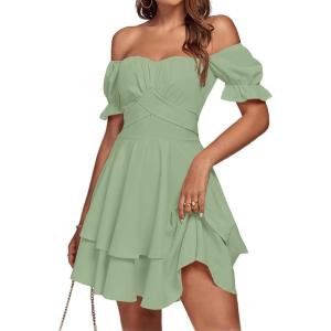 imageLYANER Womens Tie Back Off Shoulder Wrap Layer Ruffle Short Sleeve Mini DressPlain Light Green