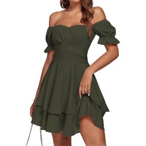 imageLYANER Womens Tie Back Off Shoulder Wrap Layer Ruffle Short Sleeve Mini DressPure Army Green