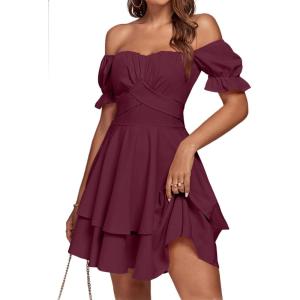 imageLYANER Womens Tie Back Off Shoulder Wrap Layer Ruffle Short Sleeve Mini DressPure Dark Red
