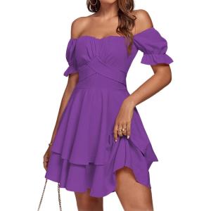imageLYANER Womens Tie Back Off Shoulder Wrap Layer Ruffle Short Sleeve Mini DressPurple