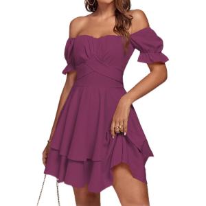 imageLYANER Womens Tie Back Off Shoulder Wrap Layer Ruffle Short Sleeve Mini DressPurplish Red