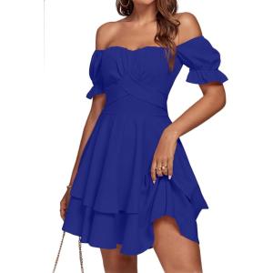 imageLYANER Womens Tie Back Off Shoulder Wrap Layer Ruffle Short Sleeve Mini DressRoyal Blue