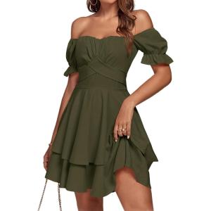 imageLYANER Womens Tie Back Off Shoulder Wrap Layer Ruffle Short Sleeve Mini DressSloid Army Green