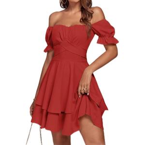 imageLYANER Womens Tie Back Off Shoulder Wrap Layer Ruffle Short Sleeve Mini DressSloid Red