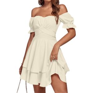 imageLYANER Womens Tie Back Off Shoulder Wrap Layer Ruffle Short Sleeve Mini DressSolid Apricot