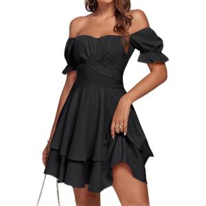 imageLYANER Womens Tie Back Off Shoulder Wrap Layer Ruffle Short Sleeve Mini DressSolid Black