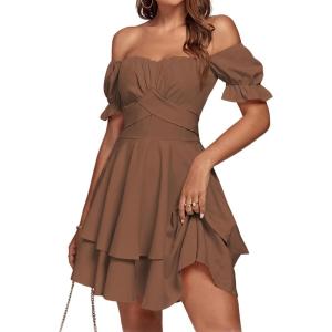 imageLYANER Womens Tie Back Off Shoulder Wrap Layer Ruffle Short Sleeve Mini DressSolid Dark Brown