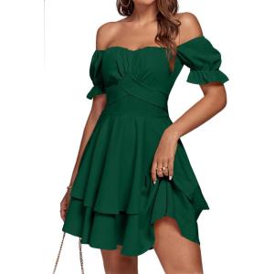 imageLYANER Womens Tie Back Off Shoulder Wrap Layer Ruffle Short Sleeve Mini DressSolid Dark Green