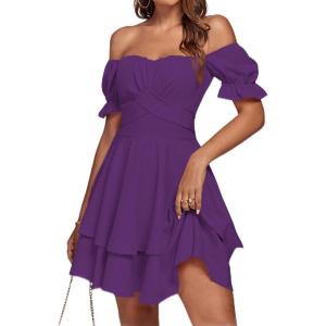 imageLYANER Womens Tie Back Off Shoulder Wrap Layer Ruffle Short Sleeve Mini DressSolid Dark Purple