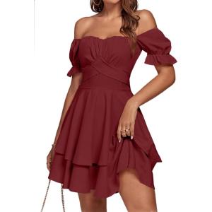 imageLYANER Womens Tie Back Off Shoulder Wrap Layer Ruffle Short Sleeve Mini DressSolid Dark Red