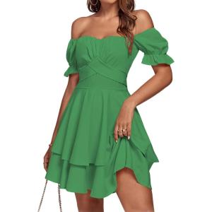 imageLYANER Womens Tie Back Off Shoulder Wrap Layer Ruffle Short Sleeve Mini DressSolid Grass Green